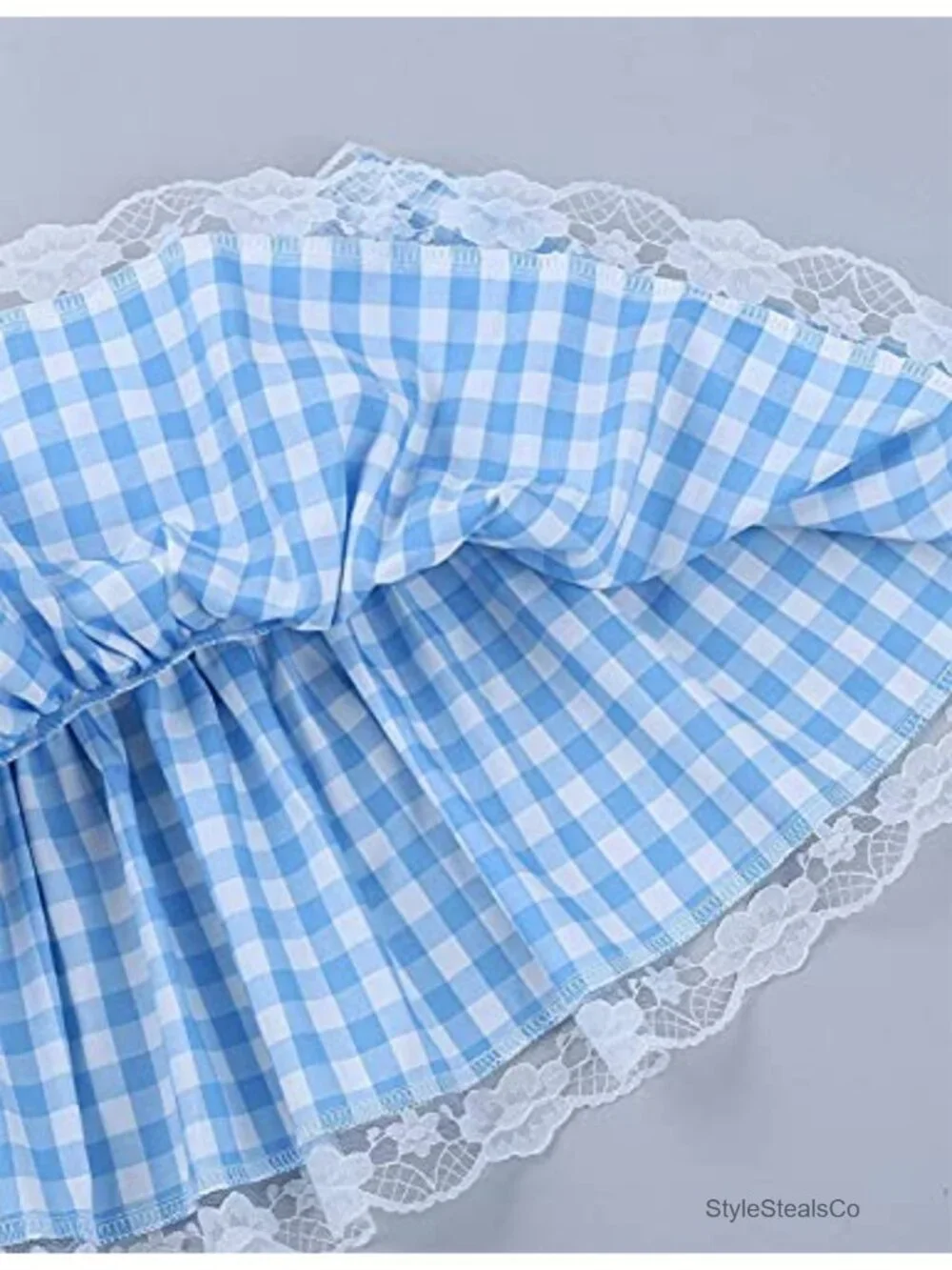 KKmeter Men's Pleated A-Line Mini Skirt Lace Hem Openwork Gingham